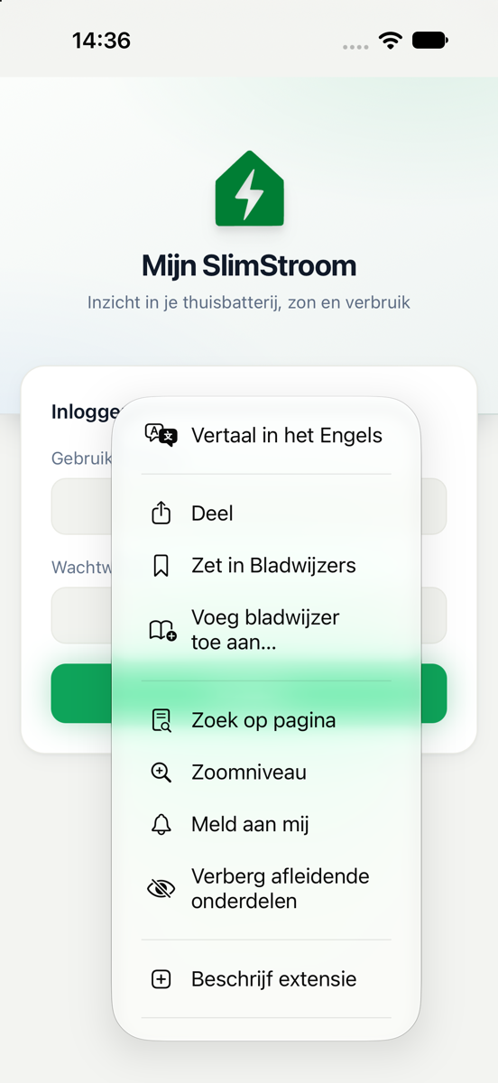 Het Safari-paginamenu met de optie Deel