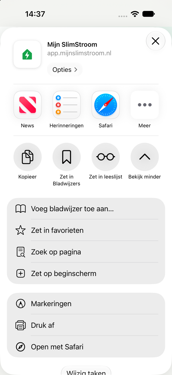 De lijst met acties, met Zet op beginscherm