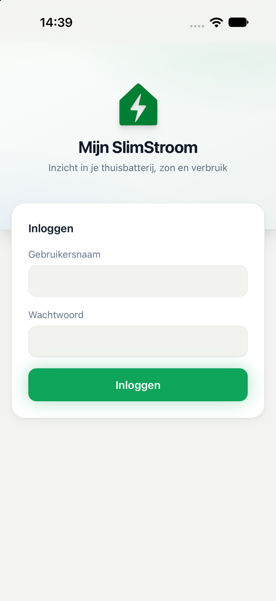 De app schermvullend gestart, klaar om in te loggen